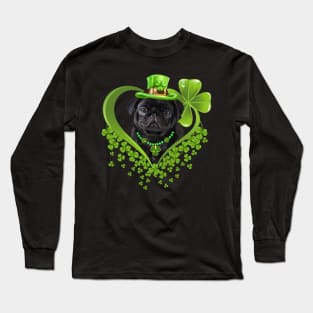 Funny Black Puppy Pug Green Hearts St Patrick's Day Long Sleeve T-Shirt